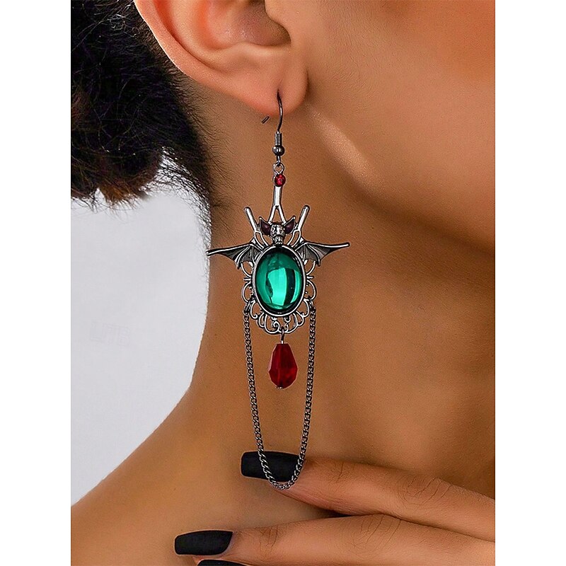 Women's Halloween Bat Drop Earrings with Green Gemstone and Red Teardrop, Gothic Vampire Style Jewelry for Costume Party and Cosplay