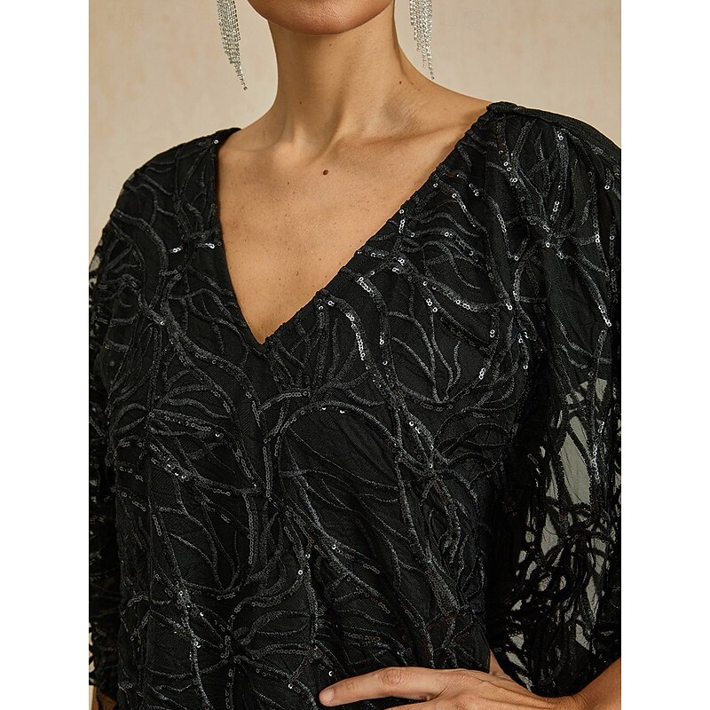 Women's Tea Length Chiffon Dress Elegant Party Solid Color Half Sleeve V Neck Black Summer Spring3