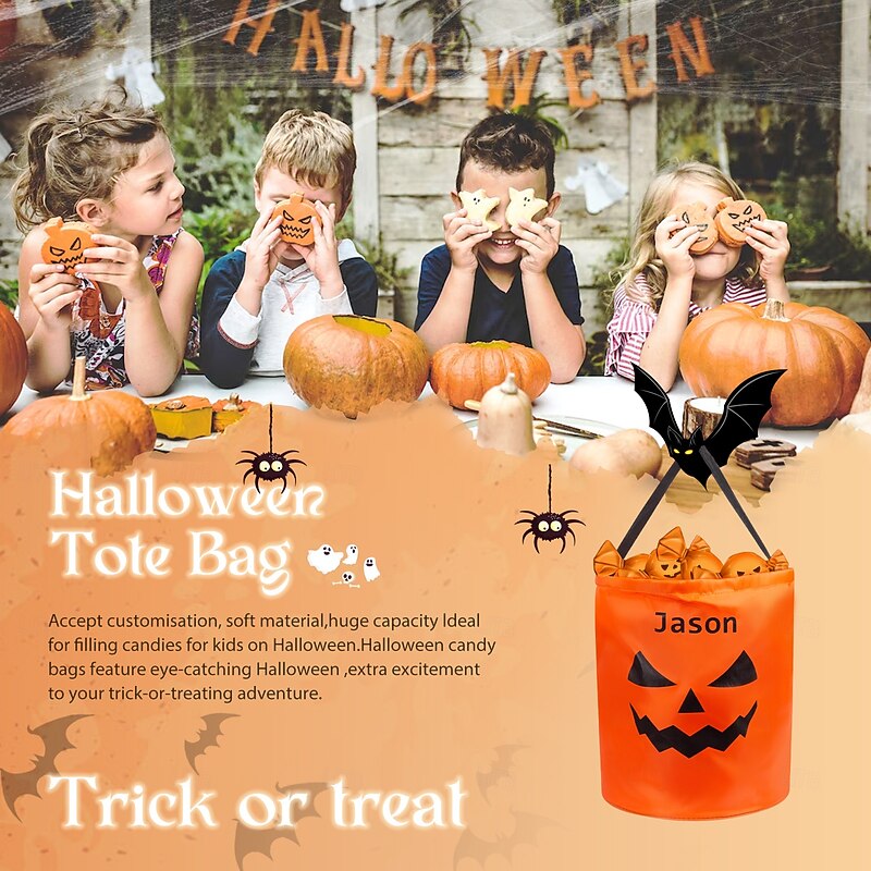 Personalized Halloween LED Light Pumpkin Bucket Custom Name Trick-or-Treat Candy Bag, Custom Name Lantern Gift Bag for Kids, Party Favors3