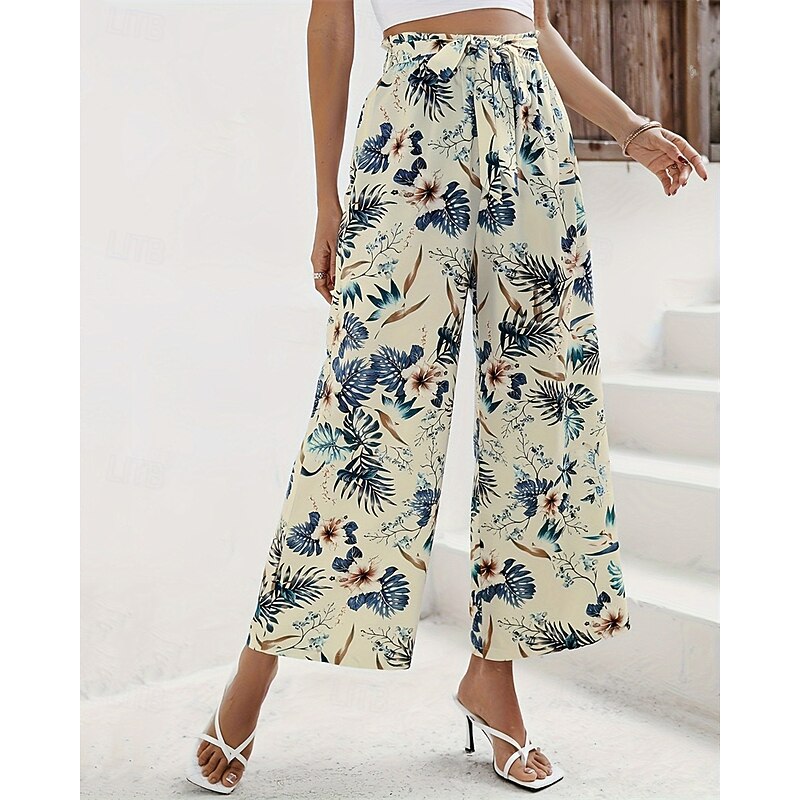 Women's Wide Leg Cropped Pants Palazzo Pants Fashion Streetwear Ankle-Length High Waist Plants Elastic Waist Breathability Comfortable Street Daily Wear Going out Light Yellow Summer Spring Regular