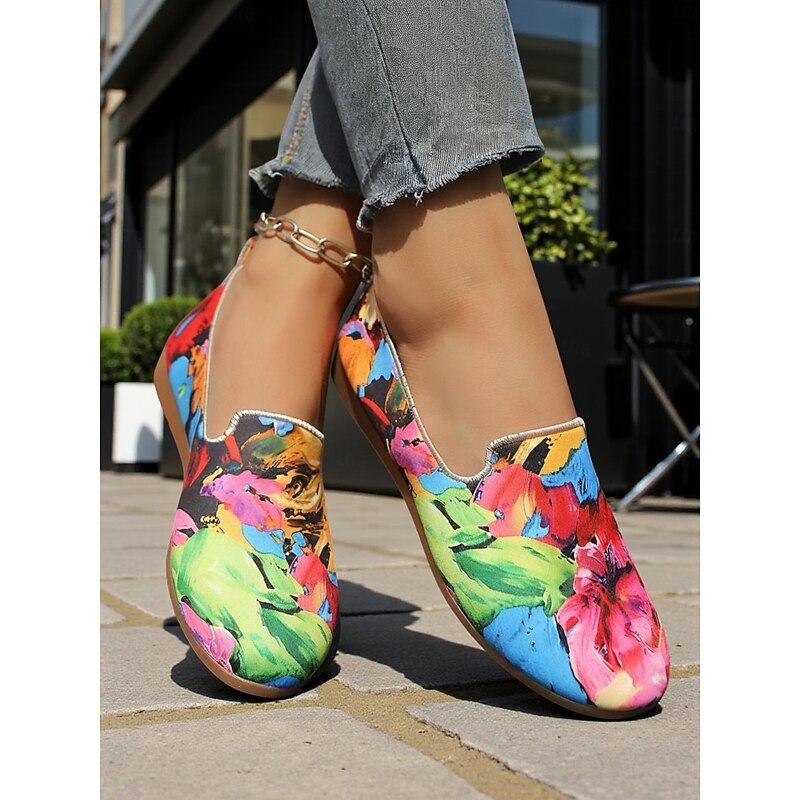 Women's Colorful Floral Canvas Slip-On Flats – Lightweight Round Toe Casual Loafers, Artistic Comfort Shoes for  Walks, Travel, and Daily Wear4