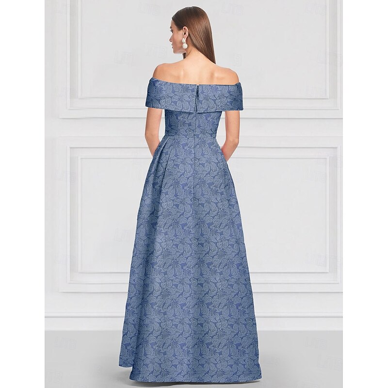 Jacquard Embroidered Floral A-Line Evening Gown Elegant Dress Formal Wedding Floor Length Sleeveless Off Shoulder with Pleats3