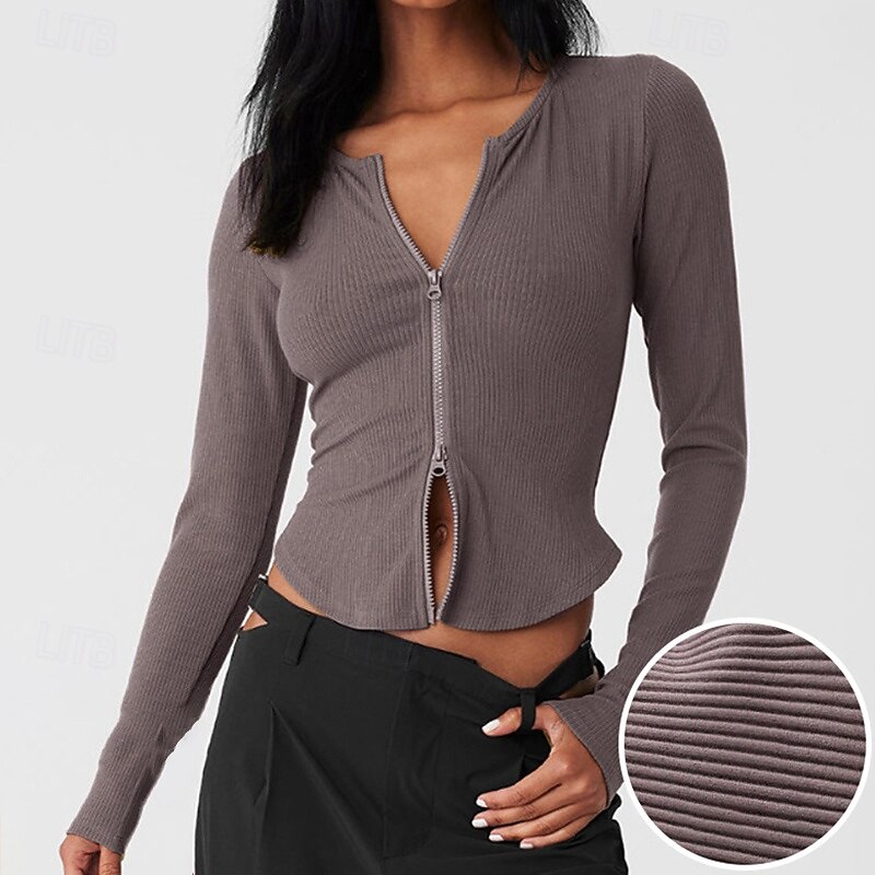 Women's Activewear Stretchy Breathable Full Zip Long Sleeve Sports Solid Color Top For Gym Dance Athletic Tight Fit Activewear