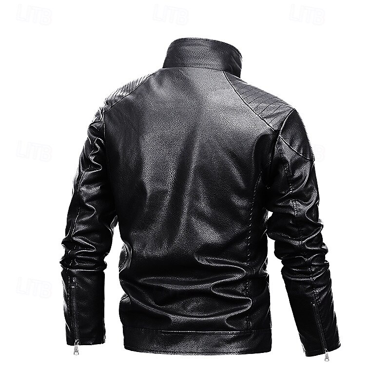 Men's Faux Leather Jacket Motorcycle Jacket Outdoor Windbreaker Fleece Collar Fall Winter Solid Color Punk Active Short Black Burgundy Jacket2