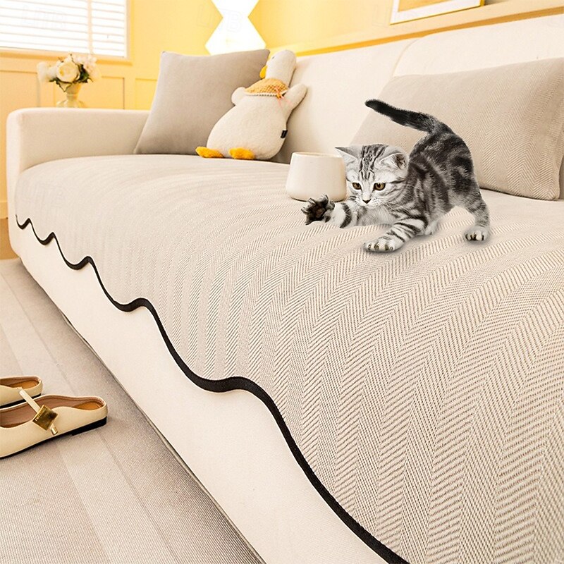 Minimalist Herringbone Sofa Cover For Dog Chenille Non-Slip Wavy Edge Couch Cover Pet Friendly4