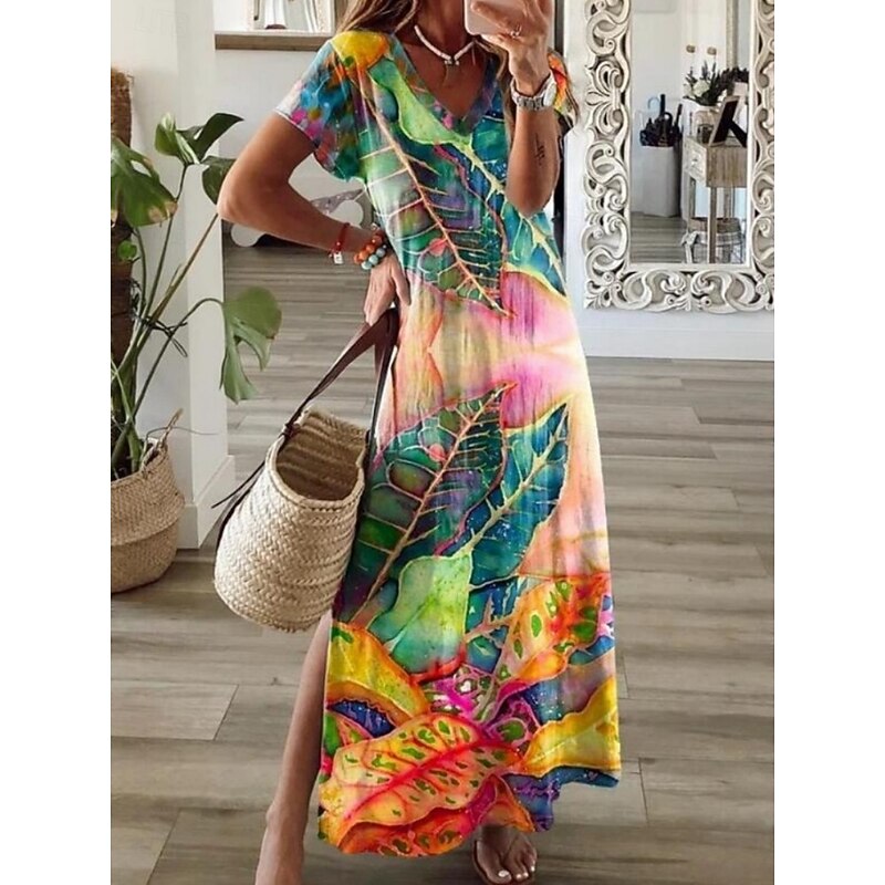 Women's Maxi Dress A Line Dress Summer Dress Casual Daily Regular Fit Floral Graphic Short Sleeve V Neck Navy Blue Orange Green Summer