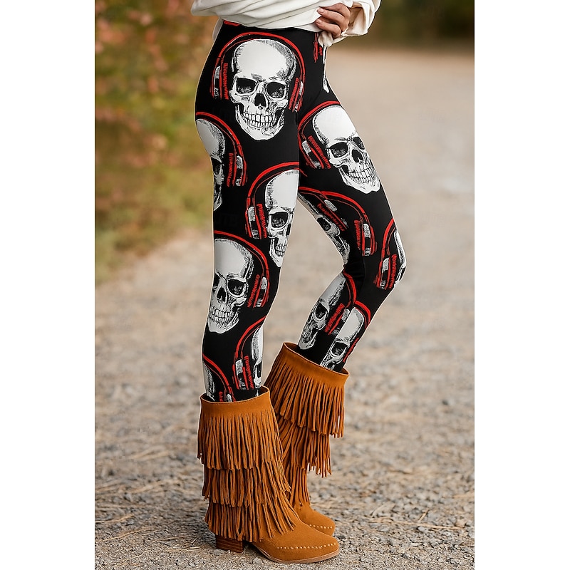 Women's Leggings Vacation Vintage Ethnic Style Ankle-Length High WaistPantsHalloween Skull 3D Print Quick Dry Breathability Soft Stretchy Formal Outdoor Vacation Red Purple Orange Green Fall Regular