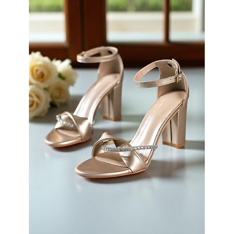 Women's Gold PU Block Heel Sandals - Ankle Strap Open-Toe Party Heels with Rhinestone Trim for Cocktail Events and Semi-Formal Occasions4