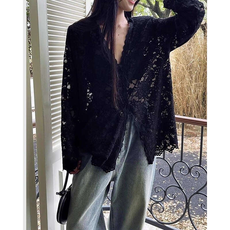 Women's Shirt Plain Daily Stylish Basic Long Sleeve V Neck Regular Tops Work Daily Holiday Buttons Mesh Black Beige Summer2