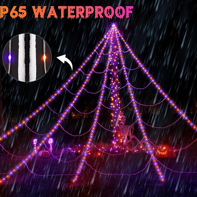 1 Pc Halloween 5M * 4.8M triangular luminous web lamp purple orange AAA waterproof battery box remote control 250 LED beads indoor and outdoor courtyard decoration lights (excluding spiders)3