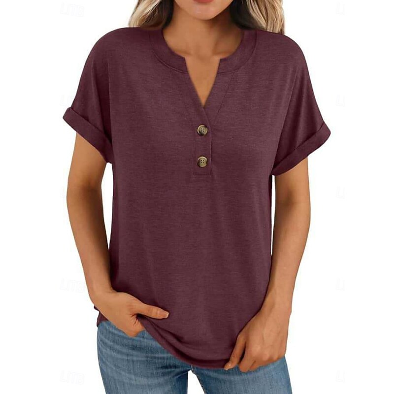 Women's Texture Blouse T Shirt Plain Fashion Modern Short Sleeve V Neck Regular Tops Daily Buttons Wine Summer2