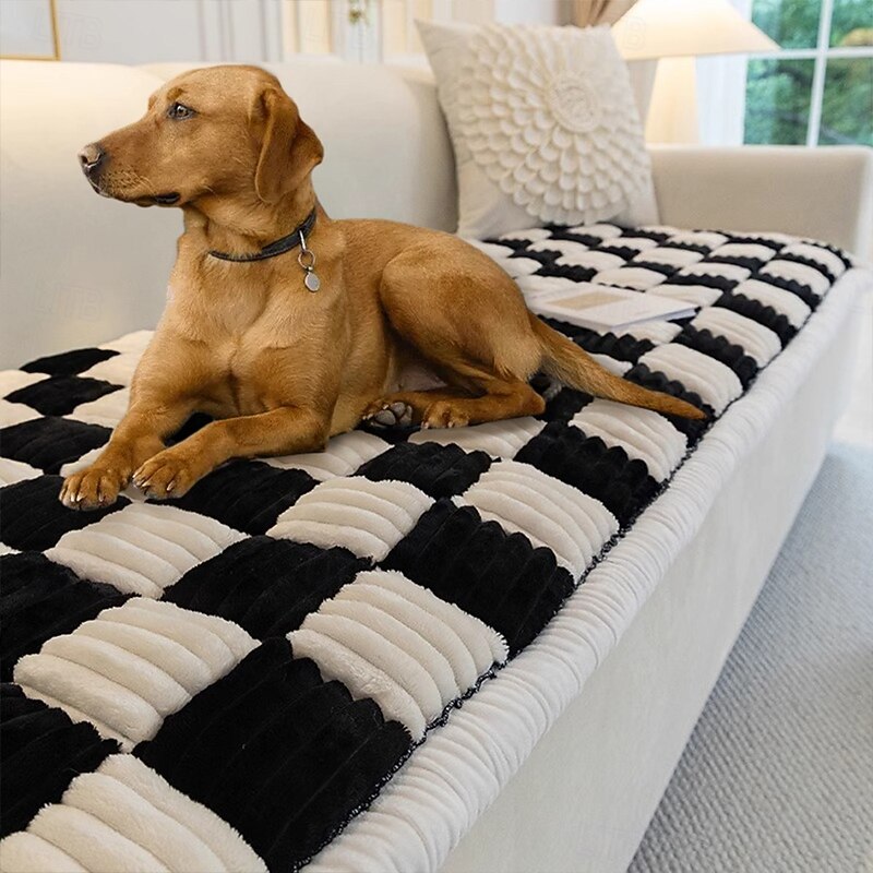 Cream Sofa Cover For Dog Large Plaid Square Fuzzy Pet Dog Mat Bed Box Cushion Couch Cover Pet Friendly2