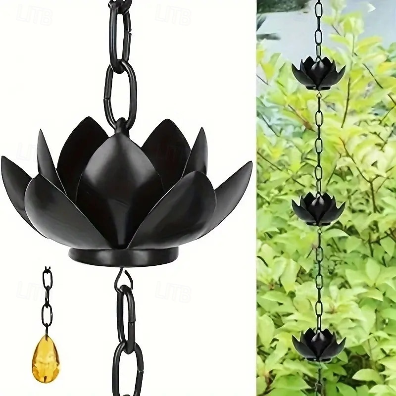 47 Inch Gold Lotus Rain Catcher Chain for Gutters Outside with Adapter Efficient Water Flow & Splash-Free Eaves Gutter Guard for Garden Decor, Outdoor Downspout Drainage