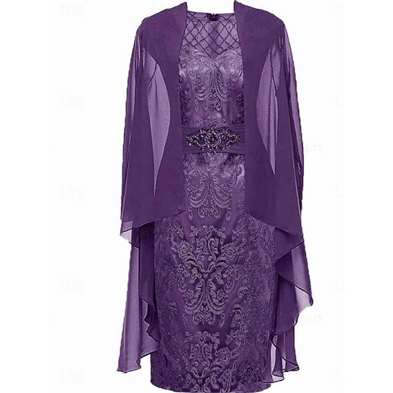 Sheath / Column Dress Sets Mother of the Bride Dress Elegant Simple Crew Neck Knee Length Lace 3/4 Length Sleeve with Solid Color4