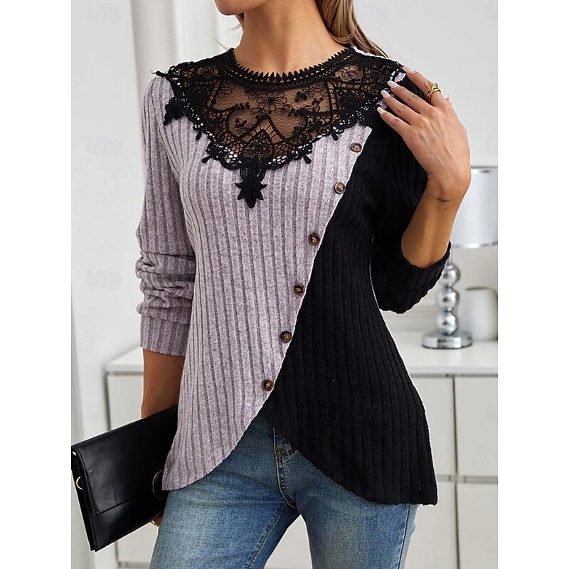 Women's Blouse Solid Color Elegant Stylish Basic Long Sleeve Crew Neck Regular Tops Daily Lace Patchwork Army Green Light Purple Light Grey Spring Fall Winter3