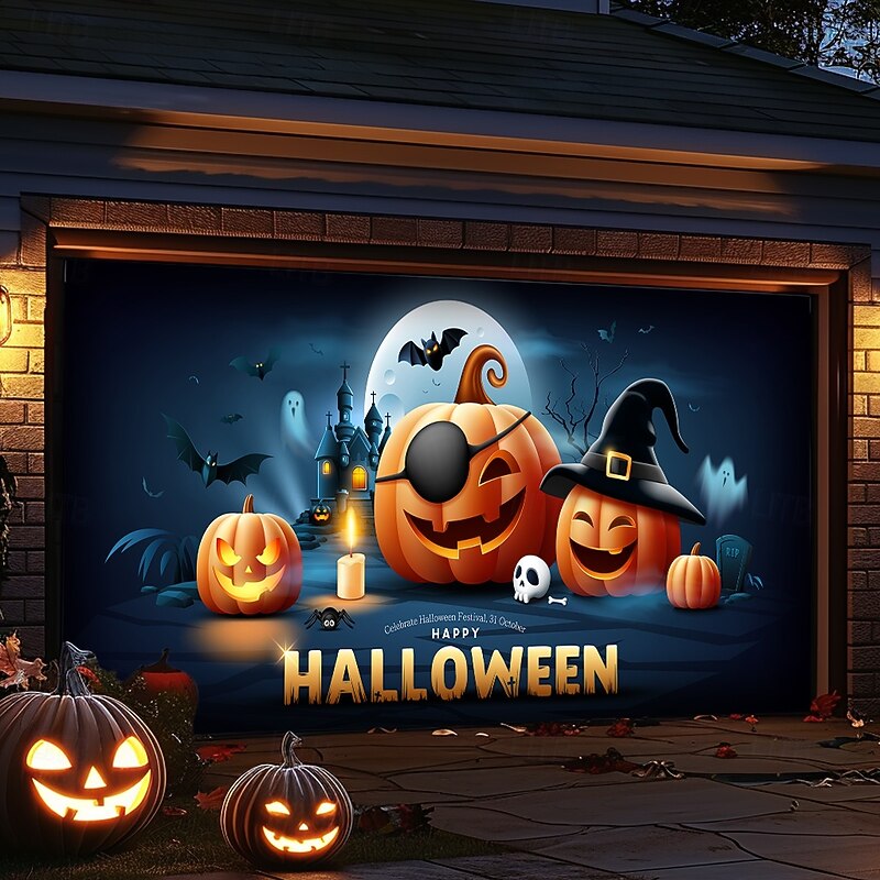 Halloween Outdoor Garage Door Cover Pumpkin Skeletons Banner Large Tapestry Backdrop Decoration for Holiday Outdoor Garage Door Home Wall Decorations4