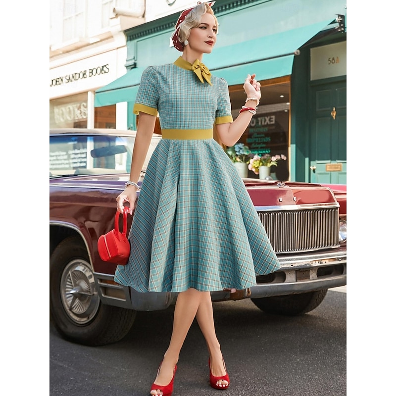 Retro Vintage 1950s Rockabilly Midi Dress Swing Dress Flare Dress Bow Plaid / Check Checkered Gingham Fancy Dress Women's Carnival Valentine's Day Daily Wear Tea Party Retro Theme Party Adults' Dress