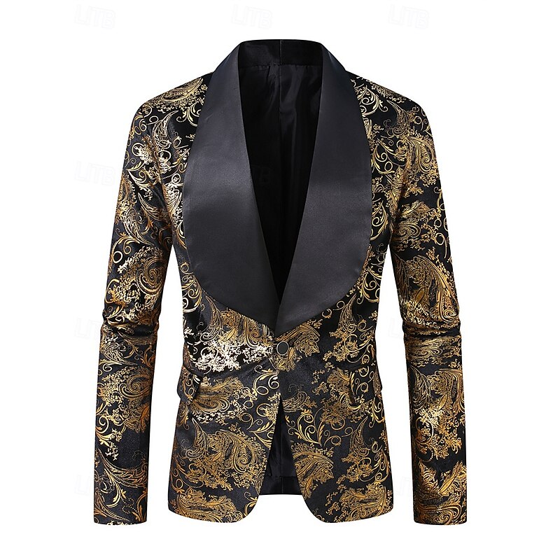 Men's Blazer Business Cocktail Party Wedding Party Fashion Casual Spring Fall Polyester Paisley Pocket Buttons Comfortable Single Breasted Blazer Gold2