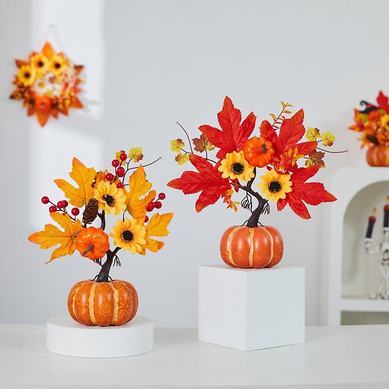 Halloween Fall Desktop Ornament with Faux Pumpkin, Red Berries, Maple Leaves and LED Lights for Autumn Harvest Festival, Spooky Halloween Scene Decoration for Fall Home Setup3