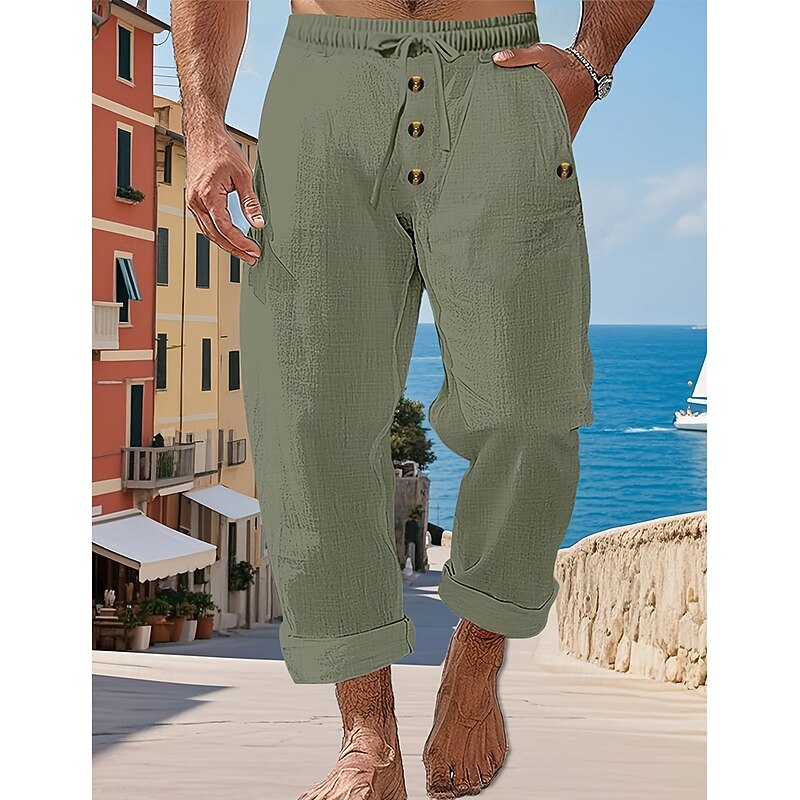 Men's Linen Pants Trousers Summer Pants Baggy Pants Beach Pants Elastic Waist Drawstring Buttons Plain Comfort Breathable Full Length Outdoor Casual Daily Vacation Fashion Black Blue Inelastic2