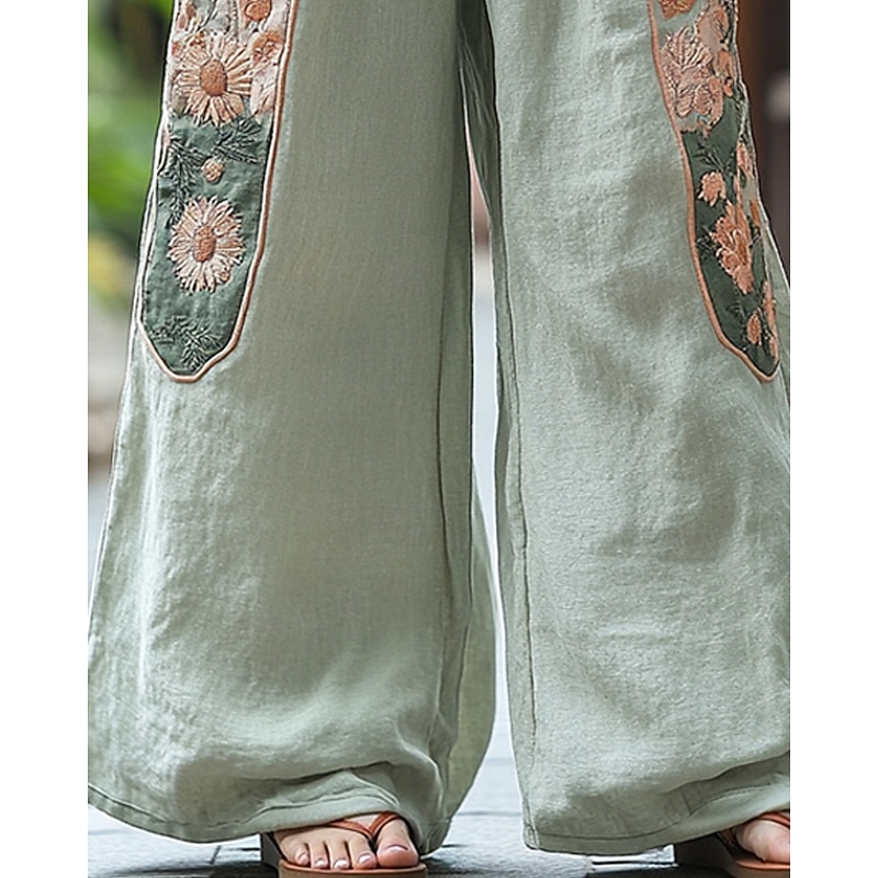 Women's Wide Leg Pants Trousers Palazzo Pants Fashion Boho Full Length High Waist Flower Elastic Waist Drawstring Print Breathability Comfortable Street Daily Wear Going out Light Green Spring Fall3