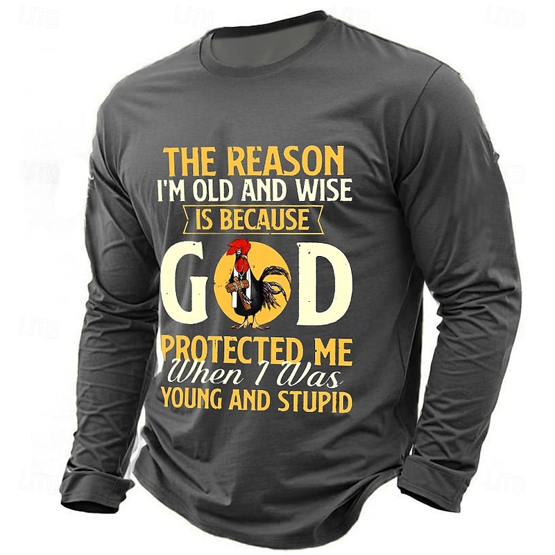 Men's Long Sleeve Graphic T-Shirt | Funny Old & Wise Quote "God Protected Me When Young & Stupid"3