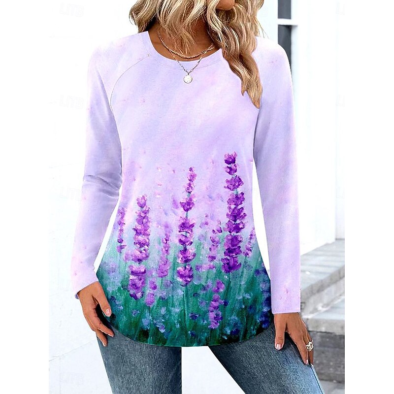 Women's T Shirt Graphic Geometric Vintage Stylish Classic Long Sleeve Crew Neck Round Neck Regular Tops Daily Weekend Print White Purple Green Spring Fall Winter3