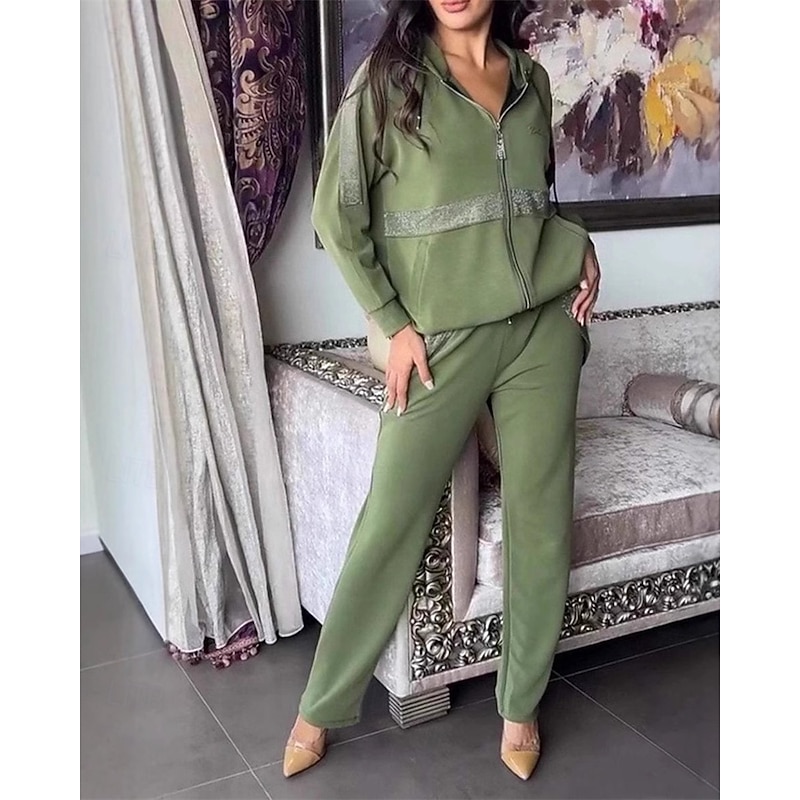 Women's Fashion Streetwear Hoodie Pants Sets Bolero Top Long Sleeve Hooded Color Block Patchwork Zipper Vacation Casual Daily Black Red Blue Spring Regular Fit