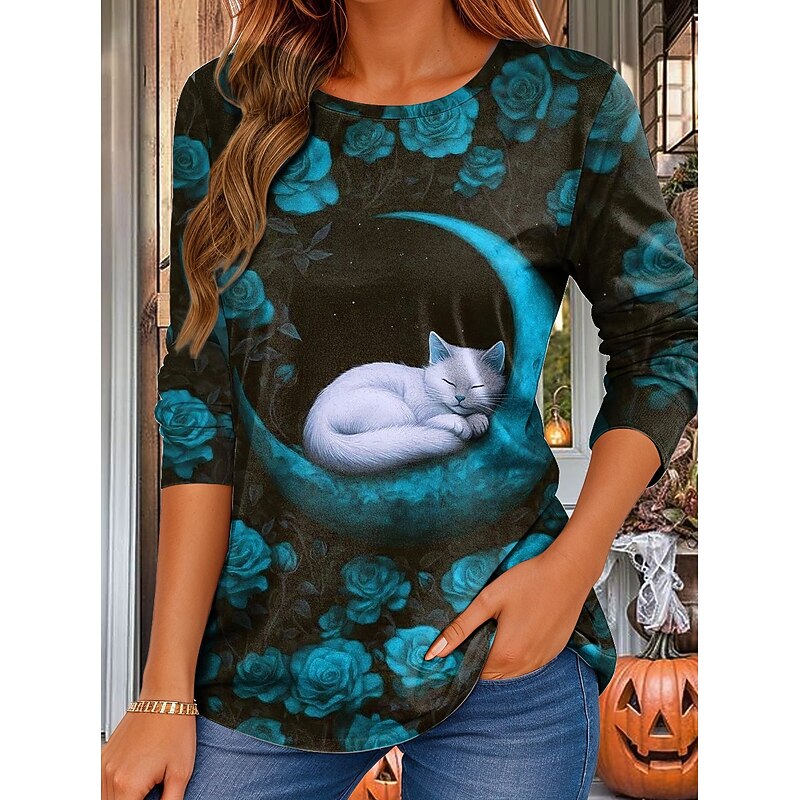 Halloween Women's T shirt Black Cat Long Sleeve Crew Neck Long Sleeve Tunic Floral Graphic Cat Vintage Stylish Classic Daily Weekend Print Red Blue Purple Green Spring Fall Winter Prefall3
