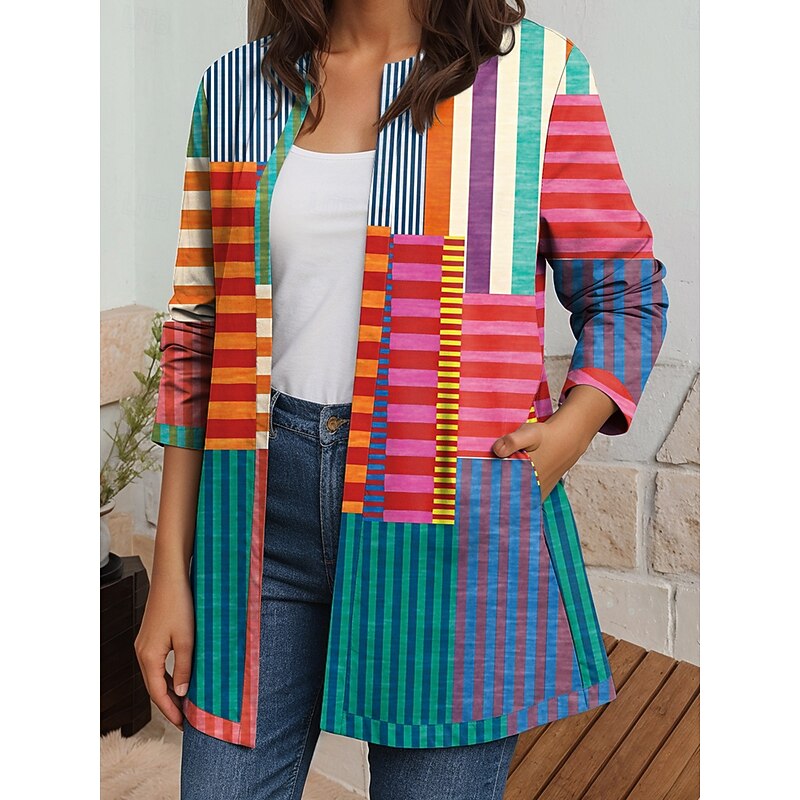 Women's Blazer Work Fall Winter Regular Coat Regular Fit Breathable Elegant Artistic Style Boho Vintage Jacket Long Sleeve Geometric Print Open Front Yellow Pink Blue