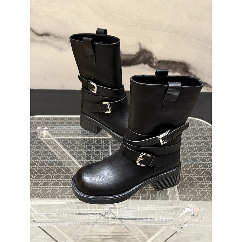 Black Faux Leather Ankle Boots for Women – Buckle Strap Detail, Chunky Block Heels, Stylish and Durable Footwear