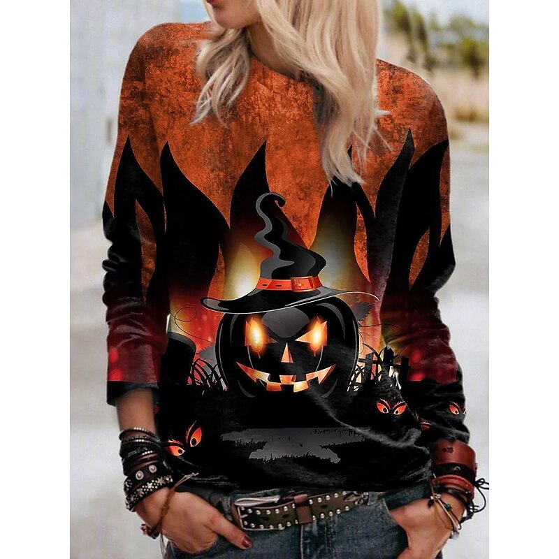 Halloween Women's T shirt Pumpkin Long Sleeve Crew Neck Long Sleeve Tunic Graphic Ghost Vintage Stylish Classic Round Neck Tops Daily Weekend Print Blue Purple Orange Green Spring Fall Prefall