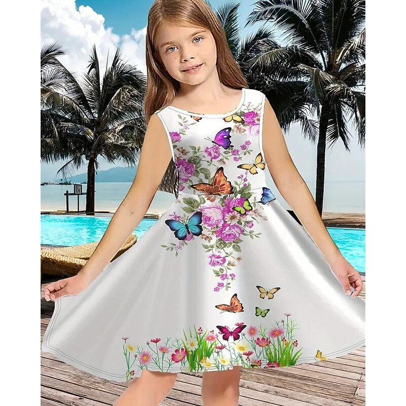 Girls' 3D Floral Graphic Butterfly Dress Sleeveless Summer Spring Vacation Daily Holiday Princess Beautiful Sweet Kids 4-12 Years Casual Dress A Line Dress Knee-length Regular Fit4