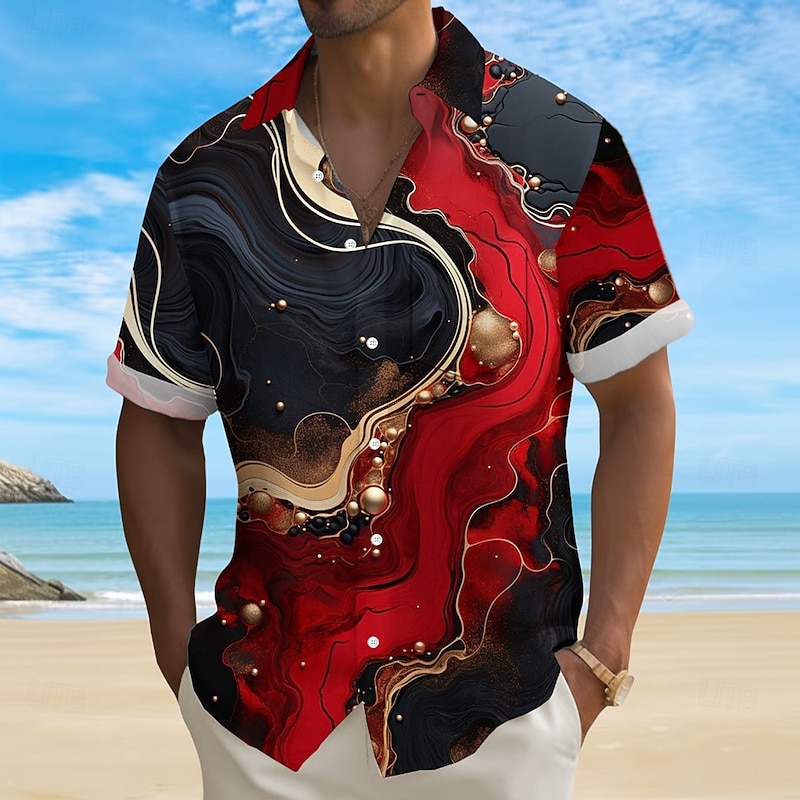 Men's Marble Abstract Liquid Art Shirt Summer Shirt Button Up Shirt Short Sleeve Fashion Casual Outdoor Vacation Dailywear Summer Spring Turndown 3D Print Collared Shirts Front One Pocket Blue Dark