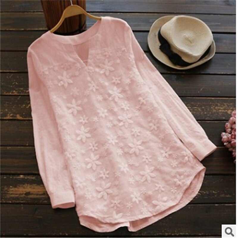 Women's Texture Blouse T Shirt Floral Fashion Modern Long Sleeve V Neck Regular Tops Daily Lace Embroidered White Pink Navy Blue Summer3