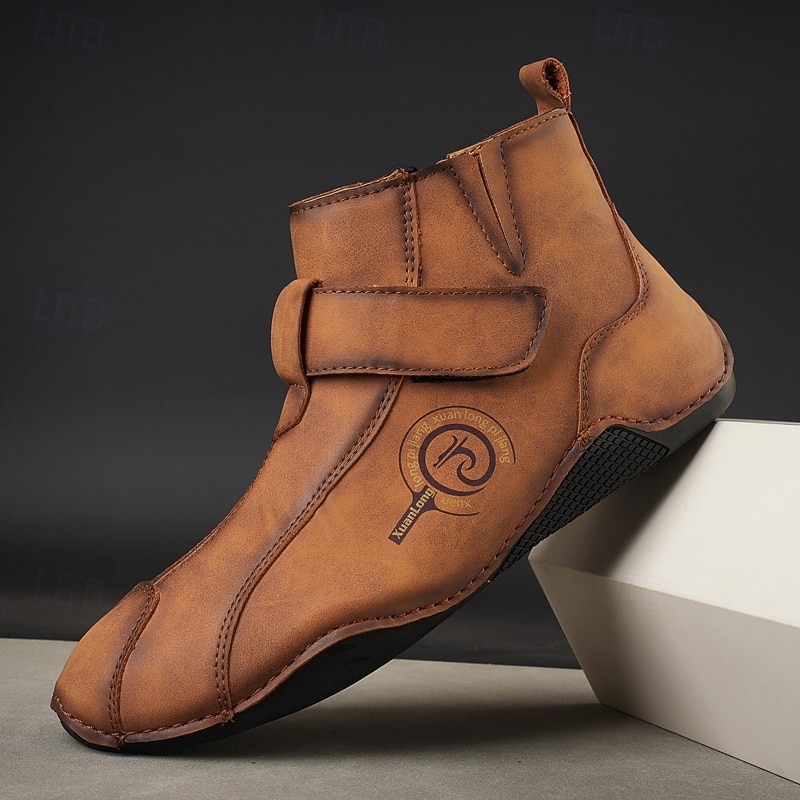 Men's Handmade Retro Ankle Boots with Velcro Strap – Artistic Casual Walking Boots for Creative Men and Everyday Urban Outfits