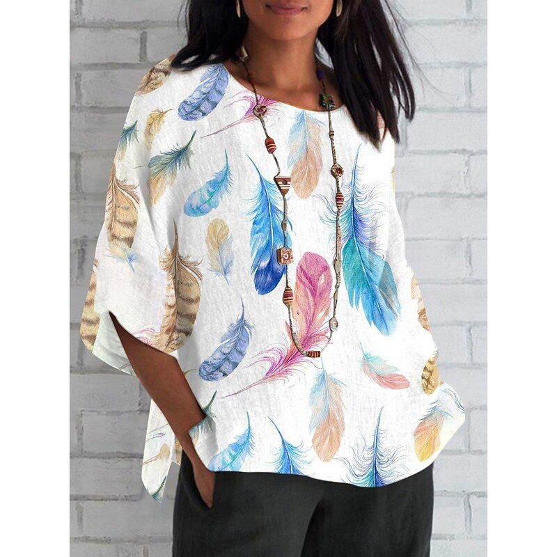Women's Shirt Feather Daily Casual 3/4 Length Sleeve Crew Neck Regular Tops Daily Holiday Print White Pink Blue Summer Spring Fall3