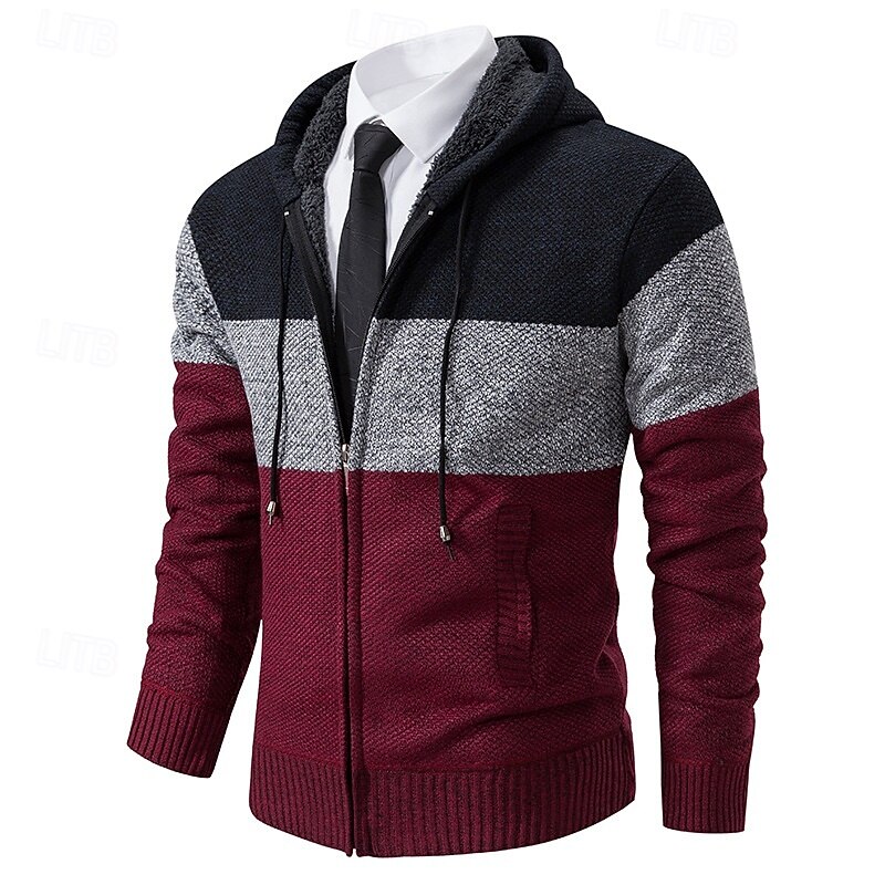 Men's Sweater Dress Sweater Cardigan Sweater Zip Sweater Knit Sweater Ribbed Knit Regular Tops Color Block Knitted Plain Hooded Fashion Shawls Business Casual Clothing Apparel Fall Winter Burgundy2