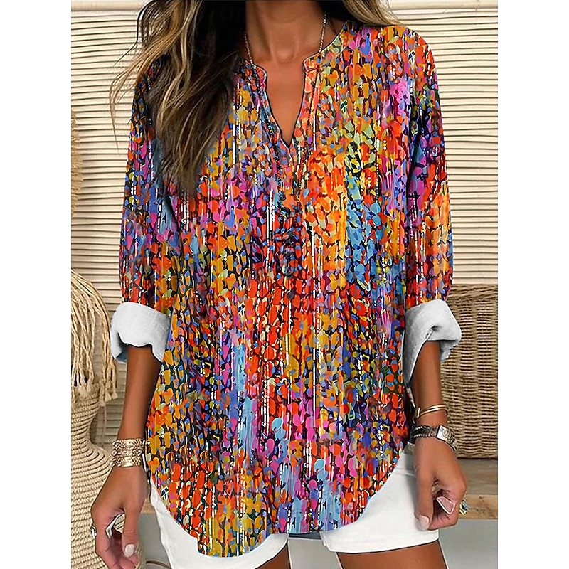 Women's Blouse Tunic V Neck Long Sleeve Boho Casual Tops Ombre Graphic Vintage Tropical Regular Tops Daily Wear Print Blue Purple Orange Green