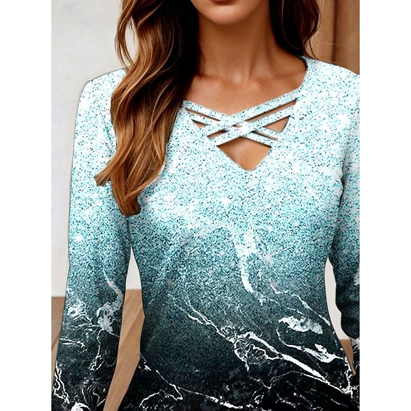 Women's T Shirt Ombre Graphic Abstract Stylish Classic Casual Long Sleeve V Neck Regular Tops Daily Cut Out Print Light Blue Spring Fall2