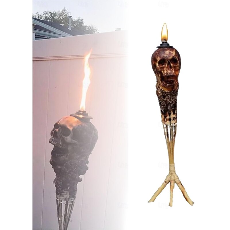 Handmade Skull Tiki Torch, Halloween Skull Garden Patio Decorative Torches, Weather Proof Outdoor Patio Lighting Garden Torch, Halloween Stylish Spooky Torch Light for Outdoor Garden Decor