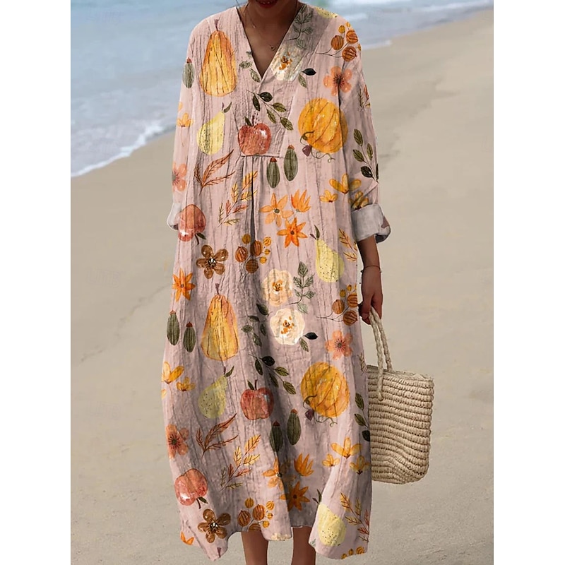 Halloween Women's Pumpkin Print Midi Dress V Neck Long Sleeve Kaftan Lightweight Loose Fit A Line Dress Casual Boho Going out Floral Graphic Long Sleeve V Neck Pink Blue off-white Fall3