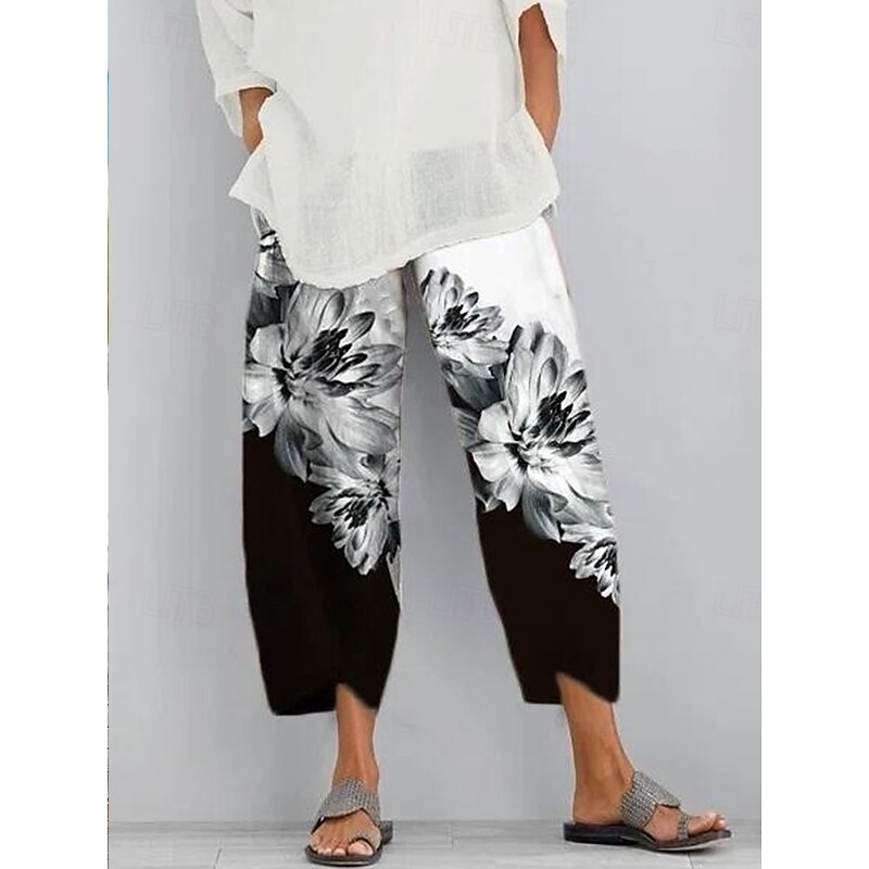Women's Slacks Vacation Vintage Ethnic Style Full Length High Waist Floral Graphic Elastic Waistband Comfy Breathability Soft Micro-elastic Outdoor Street Daily Army Green Black White Summer Spring3