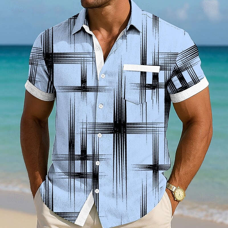 Men's Geometric Grid / Plaid Shirt Summer Shirt Button Up Shirt Short Sleeve Fashion Casual Vacation Holiday Streetwear Summer Turndown 3D Print Front One Pocket Linen Like Shirt White Pink Blue Gray2