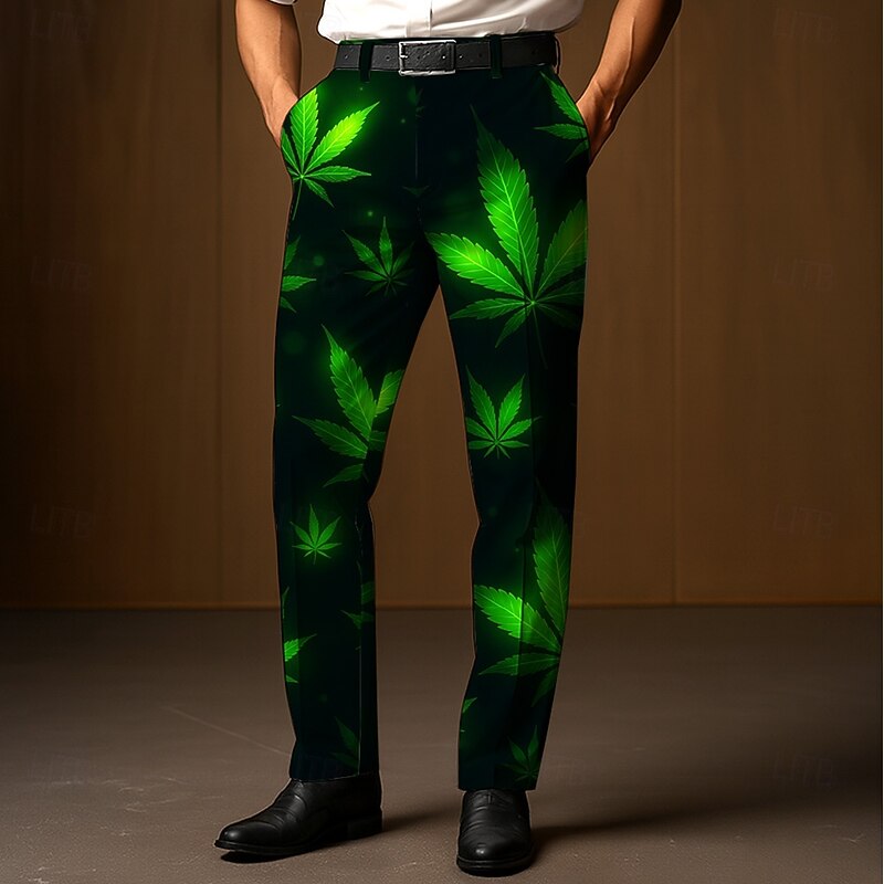 Men's Dress Pants Trousers Suit Pants Weed Leaf Neon Full Length Outdoor Party Holiday Casual Black White Micro-elastic