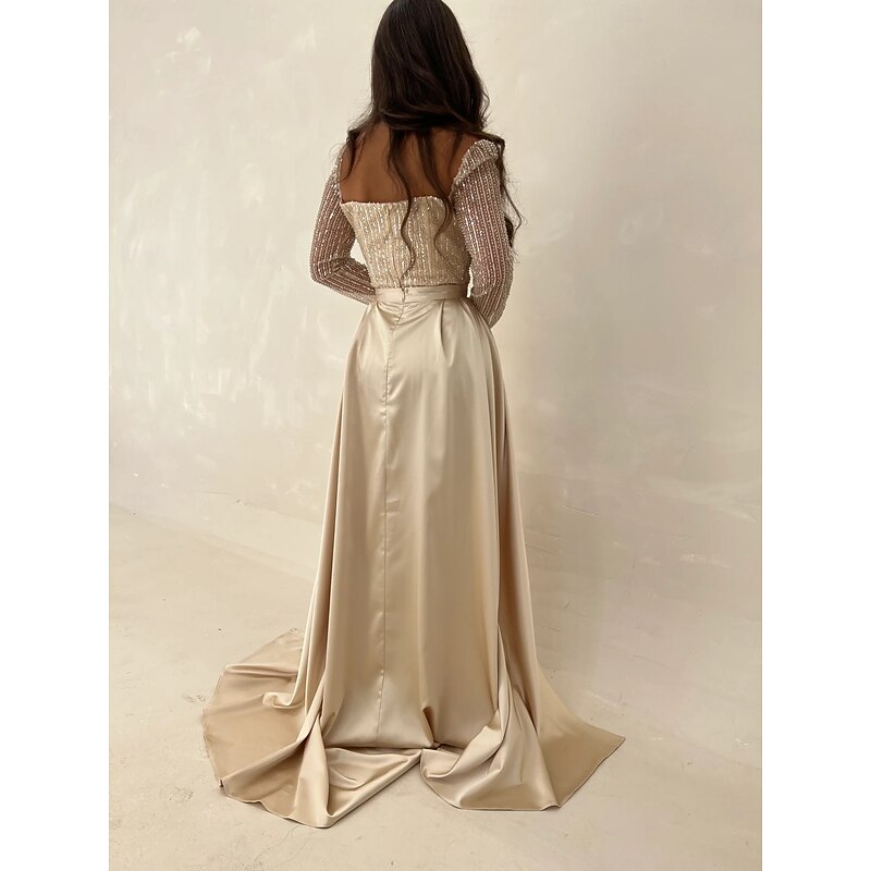 A-Line Evening Gown Elegant Dress Formal Wedding Guest Floor Length Long Sleeve Square NeckMother Of the Bride Dress Satin with Glitter Slit3