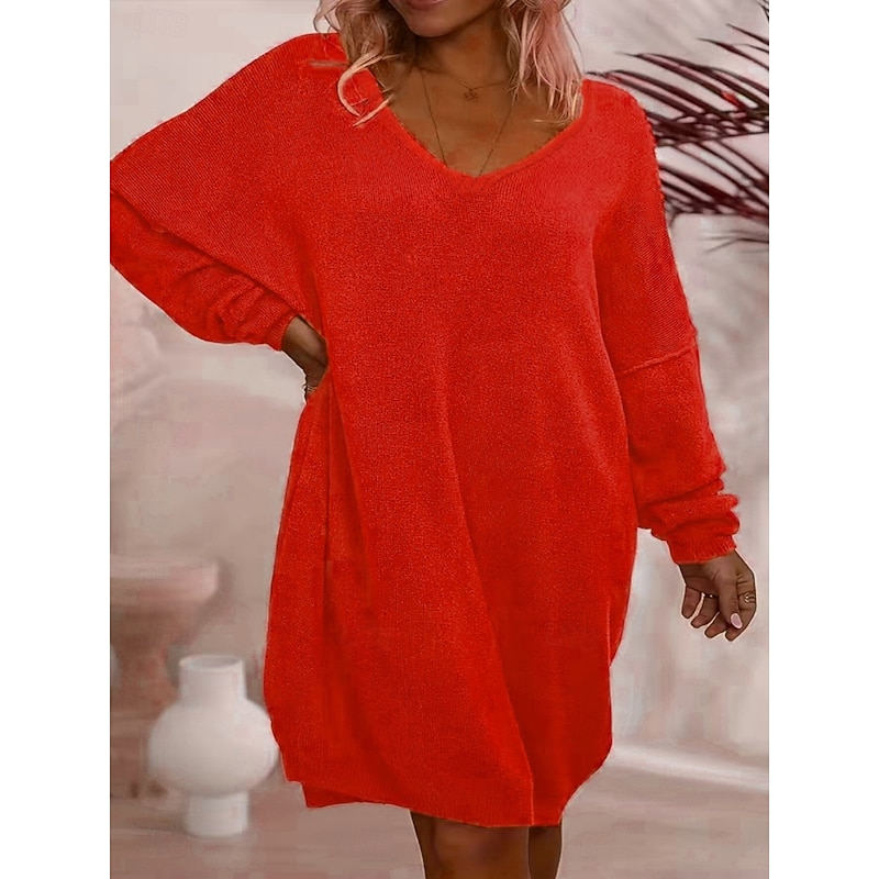 Women's Sweater Dress Daily Stylish Basic Pure Color Fuzzy V Neck Knitted Long Sleeve Regular Tops Knit Outdoor Daily Red Fall Winter