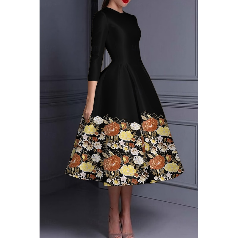 A-Line Evening Gown Embroidered Floral Elegant Dress Formal Wedding Floor Length 3/4 Length Sleeve Crew Neck Pocket Stretch Satin with Glitter4