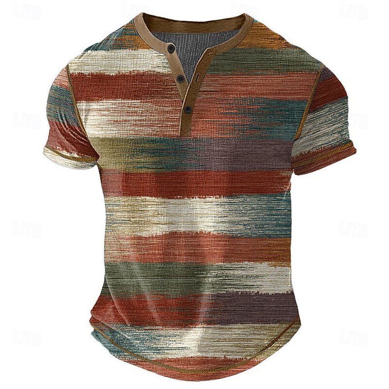 Men's Graphic Abstract Henley Shirt Waffle T Shirt Short Sleeve Daily Retro Vintage Classic Sports Outdoor Casual Holiday Spring & Summer All Seasons Dark Brown Lake blue Dark Blue Green Henley