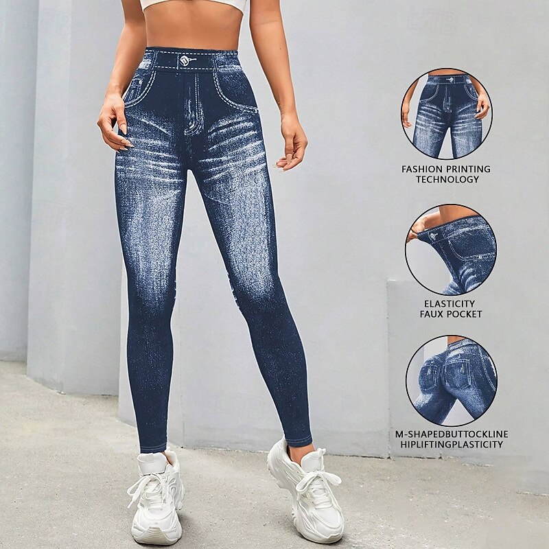 Women's Denim Print Fake Jeans Yoga Leggings Tummy Control High Waist Gym Dance Athletic Bottoms Blue Fall Sports Activewear Tight Fit2